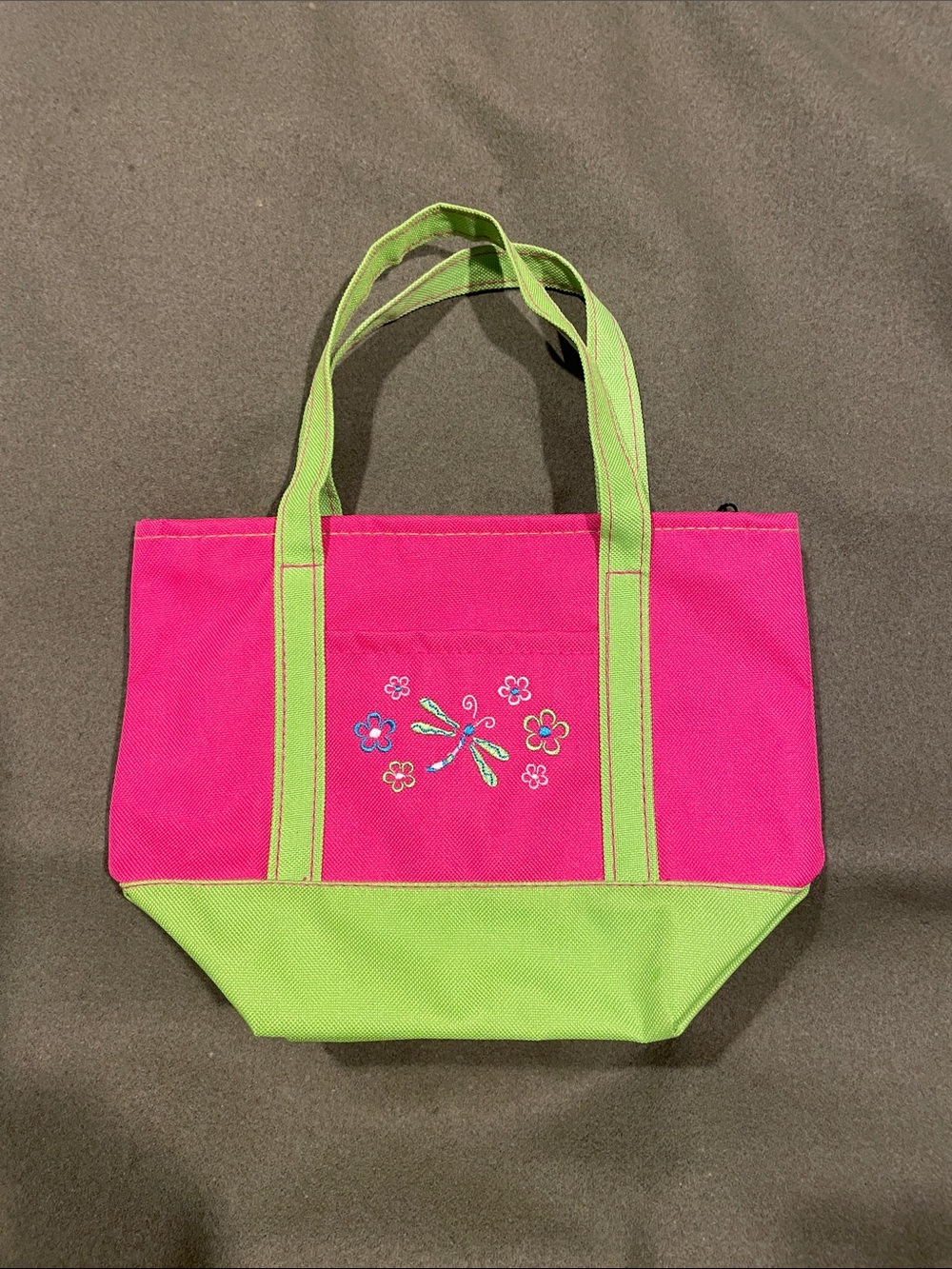 Kids Bright Pink Tote with Lime Green Trim and Dragonfly Embroidery